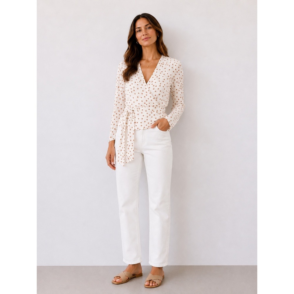 Maje Polka Dot Wrap Blouse Size 1 / Small | White & Brown Long Sleeve Tie Top